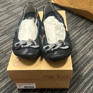 Brand New Me Too Black Leather Flats with Silver Chain